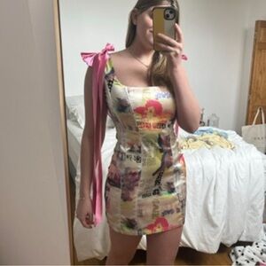 Vibrant Graphic Print Silky Mini Dress with Detachable Pink Ties